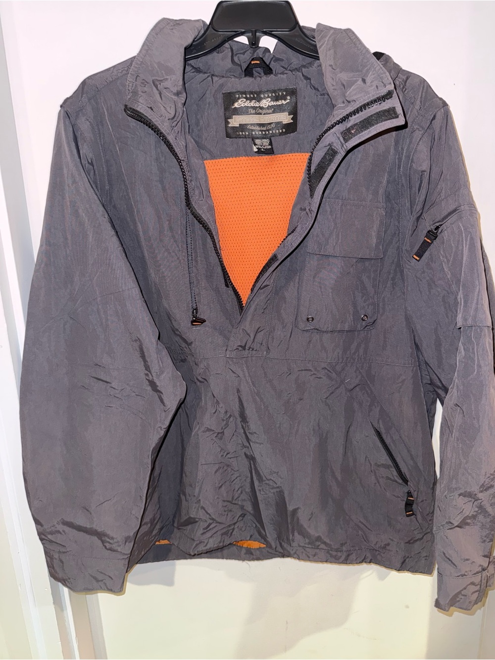 Eddie Bauer Gray Pullover Windbreaker Anorak with Orange Interior size Large